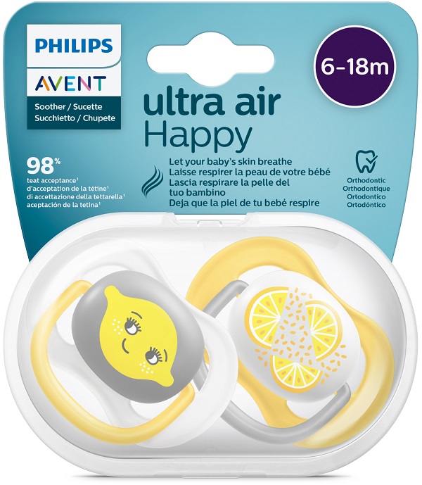 AVENT ULTRA AIR CIUCCIO ORTODONTICO 6-18 MESI NEUTRO/LIMONI 2 PEZZI - farmasorriso.com