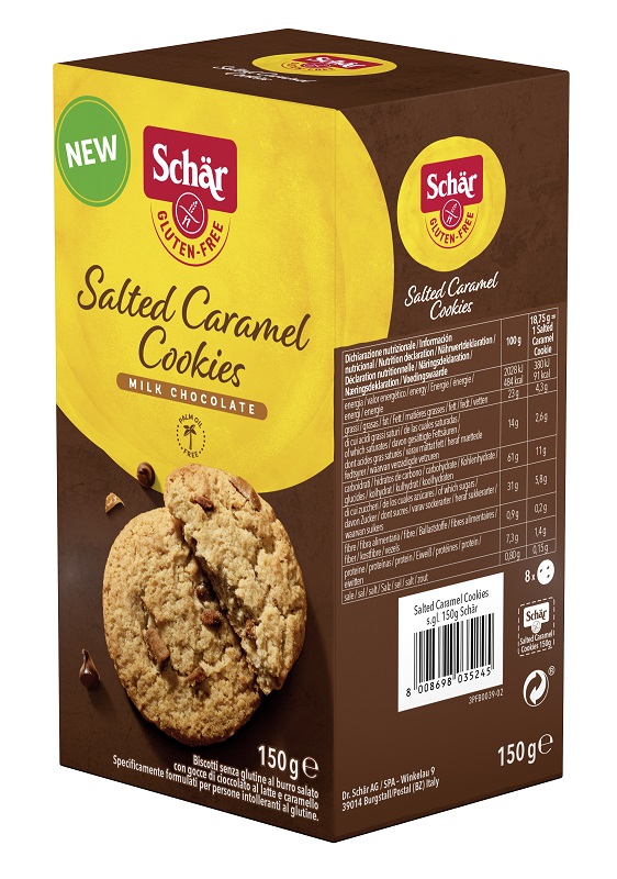 SCHAR SALTED CARAMEL COOKIES CON GOCCE DI CIOCCOLATO AL LATTE E CARAMELLO 150 G - farmasorriso.com