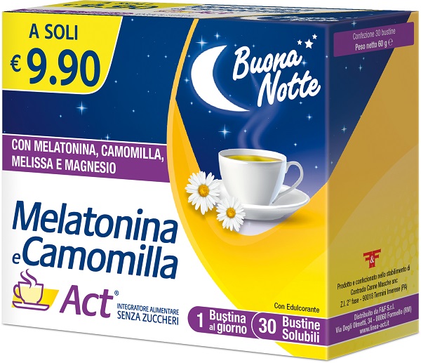 MELATONINA E CAMOMILLA ACT 30 BUSTINE SOLUBILI SENZA ZUCCHERI - farmasorriso.com