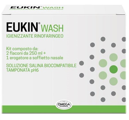 EUKIN WASH IGIENIZZANTE RINOFARINGEO KIT 2 FLACONI DA 250 ML + EROGATORE A SOFFIETTO NASALE - farmasorriso.com