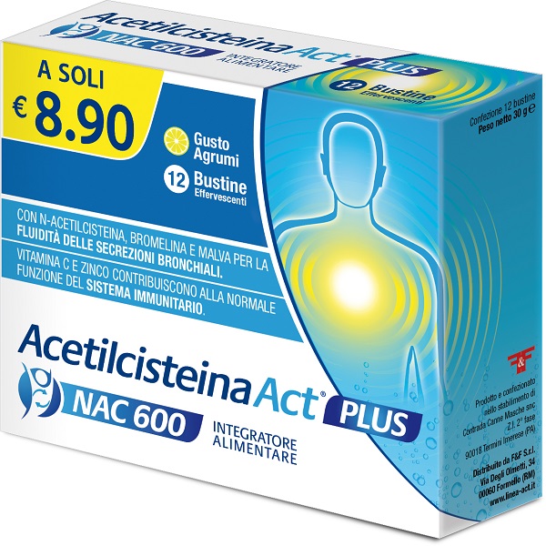 ACETILCISTEINA ACT PLUS NAC 600 12 BUSTINE EFFERVESCENTI AGRUMI - farmasorriso.com