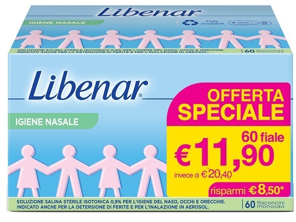 SOLUZIONE SALINA ISOTONICA 0,9% LIBENAR PER IGIENE NASALE 60 FLACONCINI MONOUSO X 5 ML - farmasorriso.com