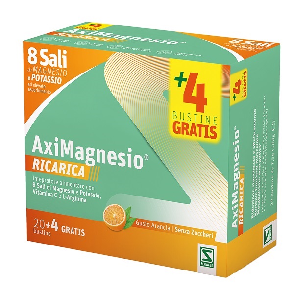 AXIMAGNESIO RICARICA 20 BUSTINE ARANCIA SENZA ZUCCHERI E GLUTINE NATURALMENTE PRIVO DI LATTOSIO - farmasorriso.com